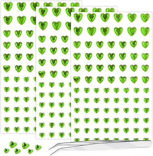 264Pcs Heart Face Gems Love Gems, Self-Adhesive Face Jewels Rhinestones 5/7/10 mm DIY Face Gems Stick on, Valentine Makeup Gems Rave Accessories for Face Eyes Hair Makeup Body, Crafts (Green)