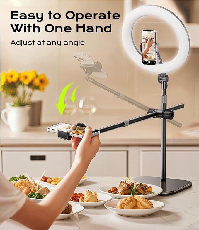 Overhead Phone Mount,Overhead Camera Mount Stand[Anti-Shaking] with 10.5" Ring Light,Desk Stand for iPhone with Ring Light for Video Recording,Zoom Meeting,YouTube,TikTok