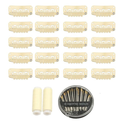 30pcs Hair Extension Clips U-Shape Stainless Steel Snap Clips for Wigs and Hair Extensions and Hairpieces, 30 Assorted Sewing Needles and 2 Rolls Thread (Beige)