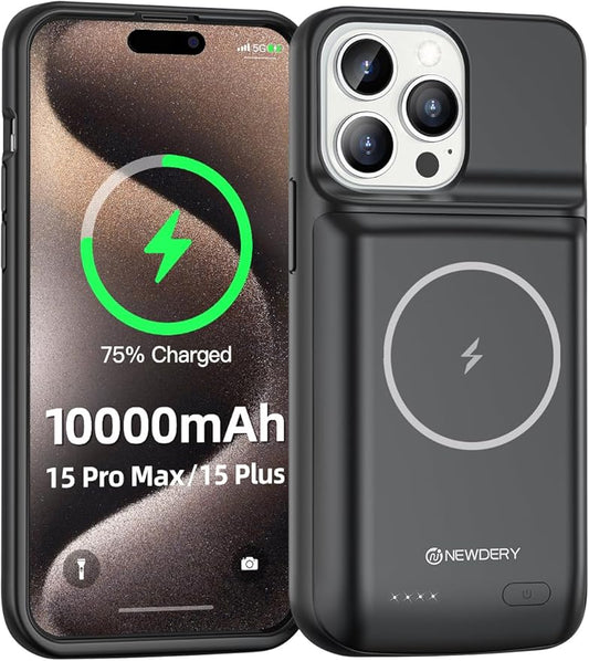 NEWDERY 10000mAh Battery Case for iPhone 15 Pro Max/Plus, USB C Qi Wireless Charging,Portable Protective Charger Case Battery Pack