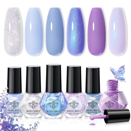 Modelones Nail Polish, 6 Colors 2025 Spring Summer Baby Blue Purple Nail Polish Set Shimmer Glitter Sliver Fast Drying Mini Nail Lacquer Kit Finger Manicure DIY Nail Art Home Salon Gift for Women Girl