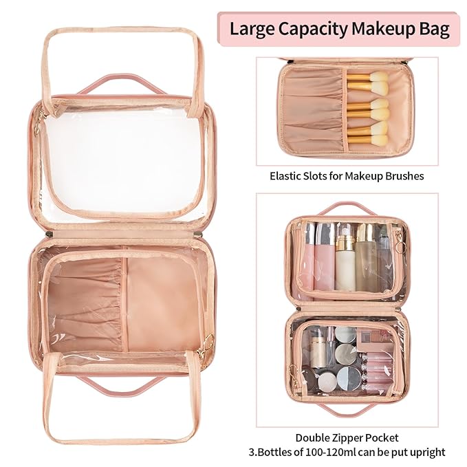 OCHEAL Makeup Bag, Double Layer Cosmetic Bag, Large Capacity New Look Clear Cosmetic Case for Women Travel Beauty Essentials, Multiple Compartments Make up Organizer Zipper Pouch- Pink