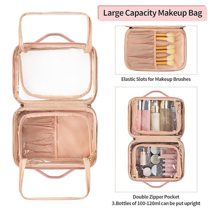 OCHEAL Makeup Bag, Double Layer Cosmetic Bag, Large Capacity New Look Clear Cosmetic Case for Women Travel Beauty Essentials, Multiple Compartments Make up Organizer Zipper Pouch- Pink