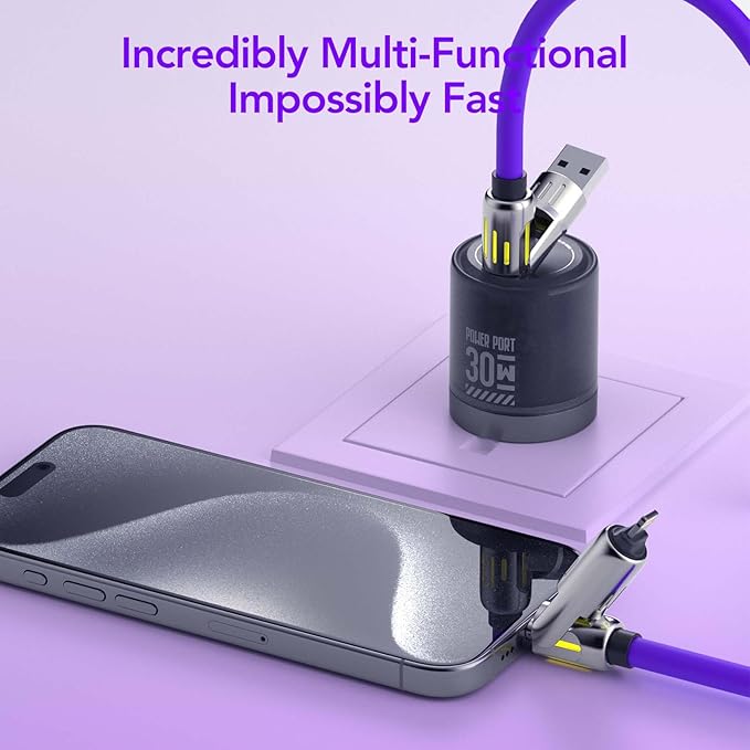 4-in-1 Universal Multi USB Charging Cable – 240W Max Fast Charger Cord with Multiple Connectors for iPhone 16/15/14/13, iPad, Samsung, MacBook, Tablets & More (Purple, 6.6Ft)