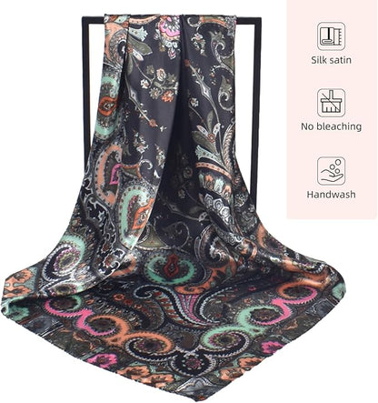 35 x 35 Women's Fashion Pattern Large Square Silk Like Hair Scarf Head Sleeping Wrap Satin Neck Bandana for Gift…