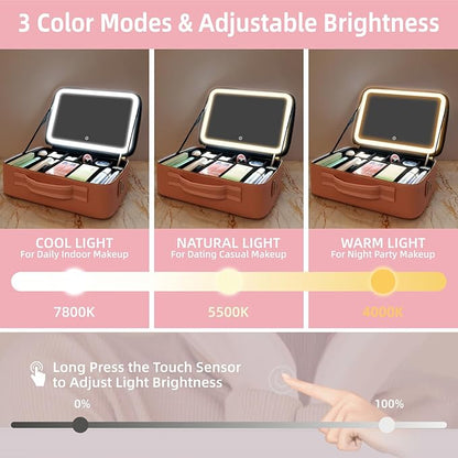 15"×11" Large Pink Makeup Bag with Mirror, Personal Item Travel Bag with Makeup Mirror 3 Lights, Waterproof Train Case with Mirror and Adjustable Dividers,Professional Lighted Makeup Case