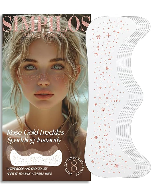 Glitter Freckles -Body Glitter Rave Festival Accessories - Rose Gold Face Glitter Waterproof Face Tattoos Speckles Makeup Patches for Women, Grils, Cosplay & Country Concerts - 8 Counts