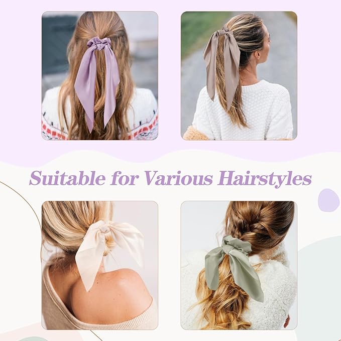 6 PCS Bow Silk Scrunchies, Hair Ties with Bows, Hair Scrunchies for Women Girls, Knotted Bow Silk Hair Ties, Satin Hair Ribbon Scrunchy Elastic Hair Ties Accessories Valentine's Day Gifts Holiday