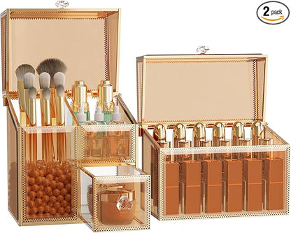 Makeup Organizer Countertop Set – Vanity Holder with 18-Slot Lipstick Organizer & Covered Makeup Brush Holder – Skincare, Perfume & Cosmetic Display for Bathroom or Dresser