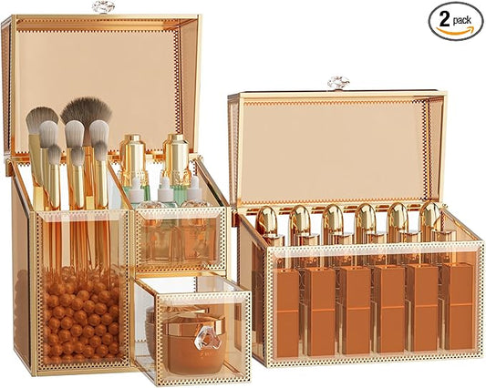 Makeup Organizer Countertop Set – Vanity Holder with 18-Slot Lipstick Organizer & Covered Makeup Brush Holder – Skincare, Perfume & Cosmetic Display for Bathroom or Dresser