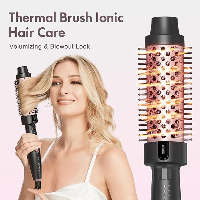 1.5 Inch Thermal Brush Blowout with 5 Temp Settings, Universal Voltage Hair Curling Iron, Ceramic Ionic Thermal Round Curling Brush Suitable for Medium and Long Hair, Rose Gold