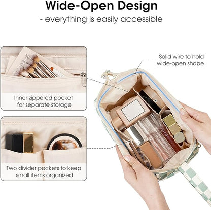 Narwey Checkered Makeup Bag Women Wide-open Make up Bag Travel Cosmetic Bag Organizer Toiletry Bag for Cosmetics Toiletries Accessories (Mint Green Checkerboard)