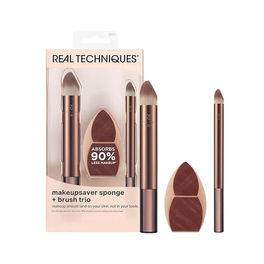 Real Techniques Makeupsaver Sponge + Brush Trio, Makeup Blending Sponge & Brushes For Liquid & Cream Formulations, Natural Finish & Reduces Makeup Waste, Cruelty & Latex-Free 3 Piece Set