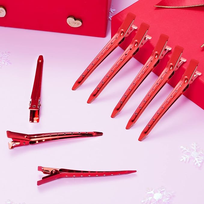 24 Packs Duck Bill Clips, Bantoye 3.35 Inches Rustproof Metal Alligator Curl Clips with Holes for Hair Styling, Hair Coloring, Red