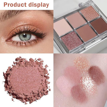 6 Colors Glitter Matte Eyeshadow Palette, Natural Nude Dark Brown Coffee Sparkly Eye Shadow Makeup, Warm Pastel Eye shadows Palette Long Lasting Waterproof Naturing-Looking Women Girls Eye Shadow 03