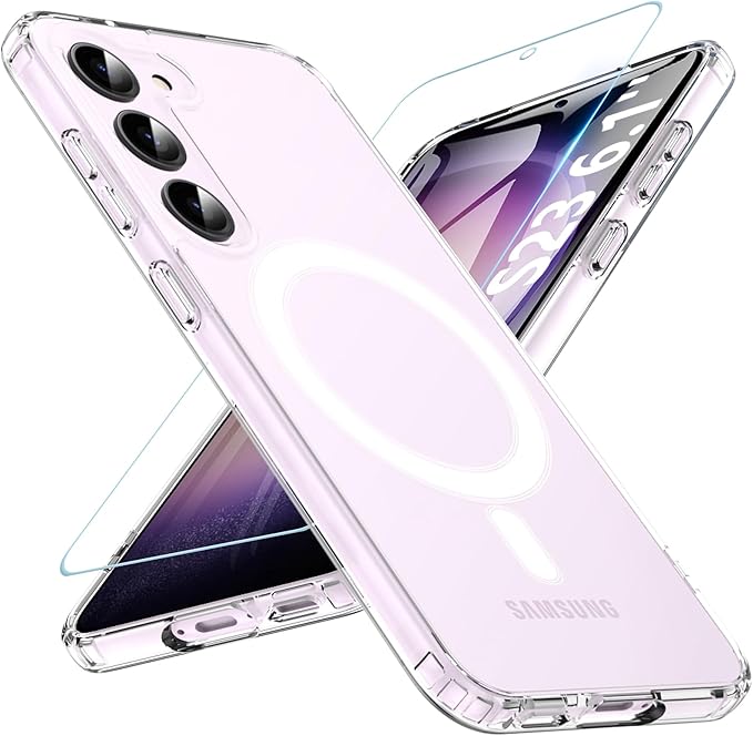 OWKEY for Galaxy S23 Case 6.1'', Magnetic Samsung Galaxy S23 Case for Magsafe with Screen Protector, [Military Grade Protection] Shockproof Phone Cover S23 Case Protective Case for Samsung S23, Clear