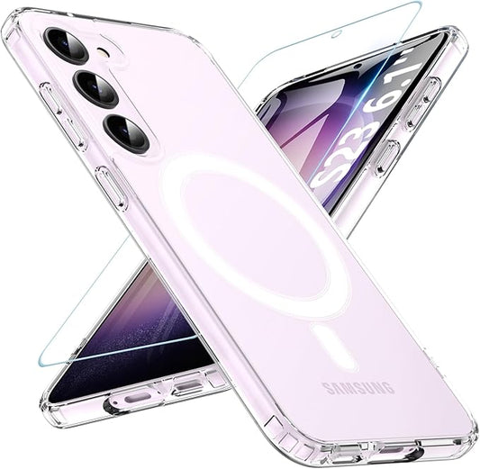 OWKEY for Galaxy S23 Case 6.1'', Magnetic Samsung Galaxy S23 Case for Magsafe with Screen Protector, [Military Grade Protection] Shockproof Phone Cover S23 Case Protective Case for Samsung S23, Clear