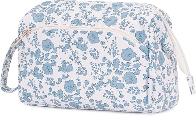 Narwey Cute Floral Makeup Bag Wide-open Make up Bag Travel Cosmetic Organizer Toiletry Bag for Cosmetics Toiletries Accessories (Little Blue Flower)