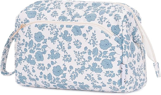 Narwey Cute Floral Makeup Bag Wide-open Make up Bag Travel Cosmetic Organizer Toiletry Bag for Cosmetics Toiletries Accessories (Little Blue Flower)