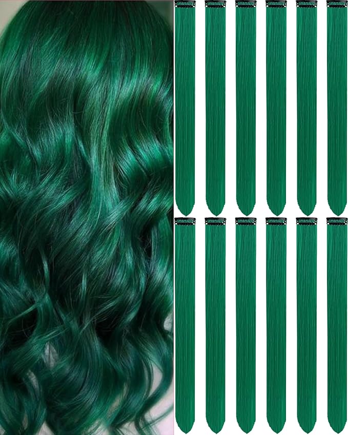 20 Inch Colored Green Hair Extensions Party Highlights Colorful Clip in Hair Extensions Straight Synthetic Hairpieces for Women Kids Girls Halloween Christmas Cosplay (Dark Green)