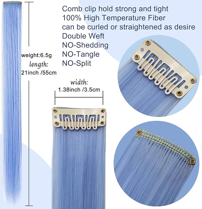 12 Pcs Colored Hair Extensions, 20 Inch Clip In Rainbow Hair Extensions Heat-Resistant Straight Hair Pices for Kids Women Cospaly Party Gift(Light blue)