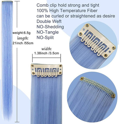 12 Pcs Colored Hair Extensions, 20 Inch Clip In Rainbow Hair Extensions Heat-Resistant Straight Hair Pices for Kids Women Cospaly Party Gift(Light blue)