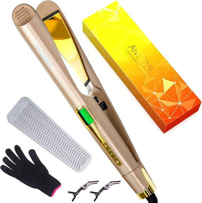 ANGENIL Dual Voltage Hair Straightener and Curler 2-in-1, Titanium Flat Iron for Straightening & Curl Hair with Digital LCD Display for All Hair Types, Twist Straightening Curling Iron