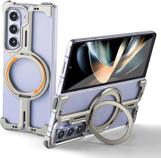 OATSBASF for Samsung Galaxy Z Fold 5 Bumper Case, with Kickstand 360° Rotatable Magnetic Stand Case, Minimalist Phone Case for Galaxy Z Fold 5, Frameless Metal Case, Natural Titanium