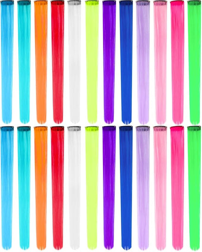 24 PCS Clip-in Colored Hair Extensions for Kids, 20 Inch Colorful Neon Hair Accessories, Party Highlights Long Straight Synthetic Hairpieces for Women Girls (Rainbow)