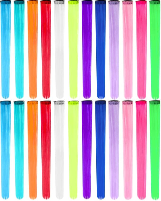 24 PCS Clip-in Colored Hair Extensions for Kids, 20 Inch Colorful Neon Hair Accessories, Party Highlights Long Straight Synthetic Hairpieces for Women Girls (Rainbow)