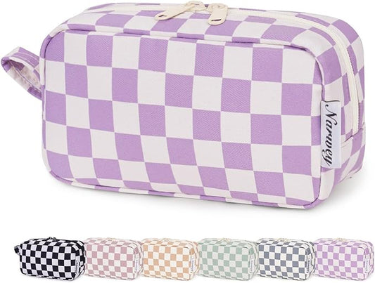 Narwey Small Checkered Makeup Bag for Purse Travel Makeup Pouch Mini Cosmetic Bag Zipper Pouch for Women (Purple Checkerboard, Small)