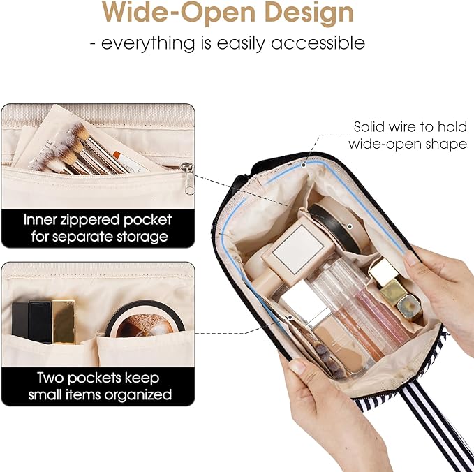 Narwey Striped Makeup Bag Women Wide-open Make up Bag Travel Cosmetic Bag Organizer Toiletry Bag for Cosmetics Toiletries Accessories (Black Stripe)