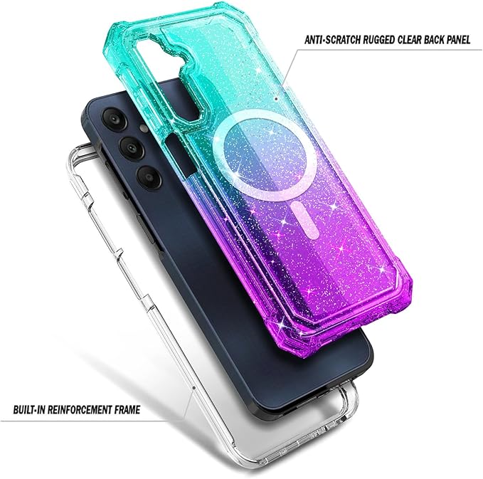 Designed for Samsung Galaxy A36-5G Phone Case, Magnetic Compatible with MagSafe, [Raised Corners Drop Protection] Shockproof Protective Bumper Cover (Glitter Aqua/Purple)