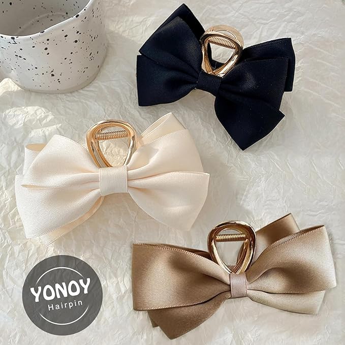3PCS Metal Claw Hair Clips for Women & Girls - Premium Bow-knot Nonslip Claw Clips for Thick & Thin Hair, Big Bows (Black, White, Khaki)