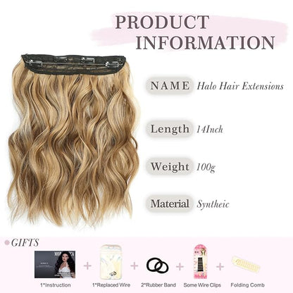 MORICA Invisible Wire Hair Extensions - 14 Inch Brown Mixed Blonde Long Wavy Synthetic Hairpiece with Transparent Wire Adjustable Size, 4 Secure Clips for Women(Brown Mixed Blonde,14Inch)