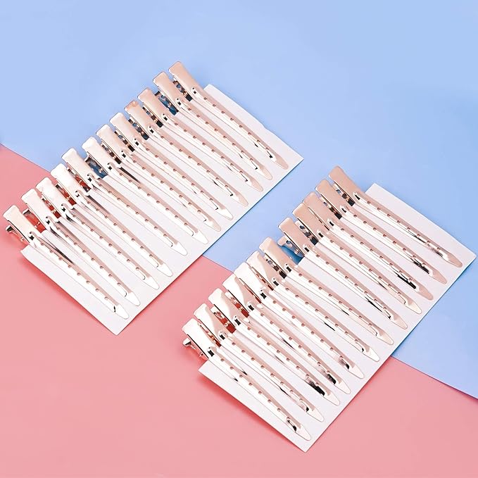 24 Packs Duck Bill Clips, Bantoye 3.35 Inches Rustproof Metal Alligator Curl Clips with Holes for Hair Styling, Hair Coloring, Rose Gold