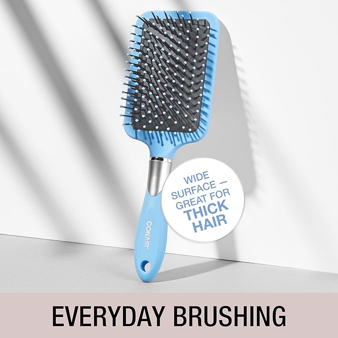 Conair Velvet Touch Paddle Cushion hair brush - Detangling hairbrush - curly or straight styles - men or women - detangler - features soft touch handle - Sky Blue