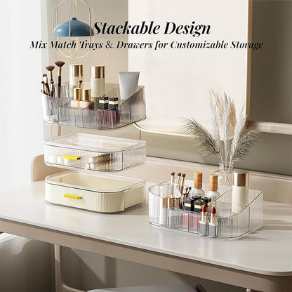Delamu Makeup Organizer for Vanity with Stackable Drawers, 360 Rotating Makeup Brush Holder Large Cosmetic Display Case for Dresser, Bathroom Countertop Skincare Organizers and Storage, Crystal Clear