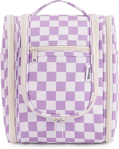 Narwey Small Checked Hanging Travel Toiletry Bag for Women, Travel Bag for Toiletries, Makeup Bag Organizer Cosmetic Bags Make Up Bags for Women (Purple Checkerboard)