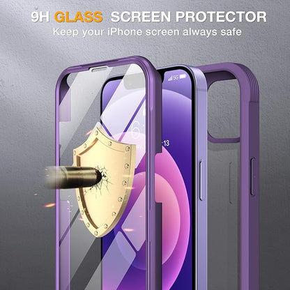 Miracase Glass Series for iPhone 12/12 Pro - Full-Body Rugged Protective Case with Built-in 9H Tempered Glass Screen Protector and Camera Lens Protector - Purple