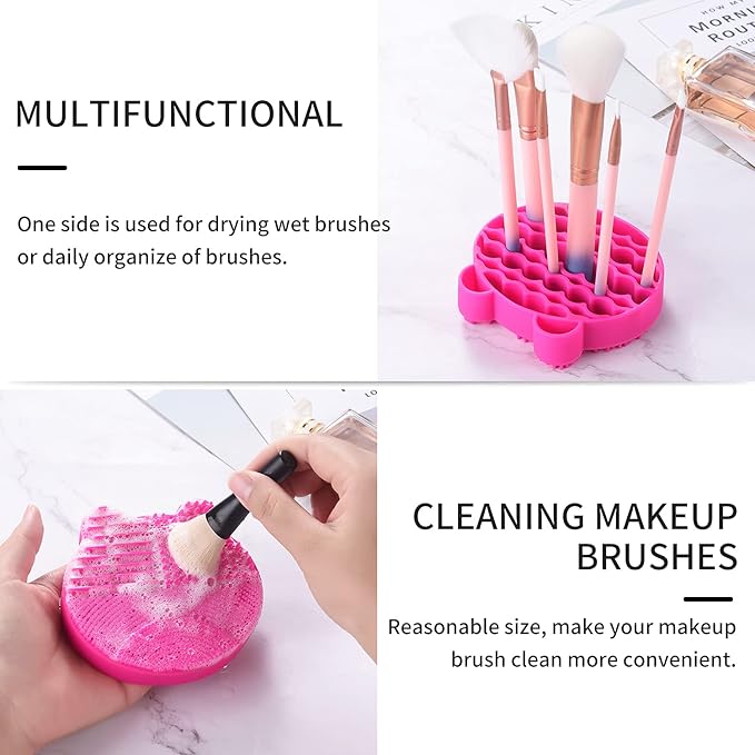 Silicon Makeup Brush Cleaner Mat with Brush Drying manual Make up brush cleaner cleanser machine Cosmetic Brush Cleaning Pad+Makeup Brush Dry Cleaned Quick Color Removal Sponge Scrubber Tool(Rose Red)