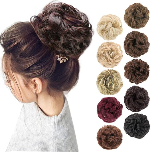 MORICA 1PCS Messy Hair Bun Hair Scrunchies Extension Curly Wavy Messy Bun Hair Synthetic Chignon Hairpieces for Women(2/33#(Darkest Brown & Dark Auburn Mixed))