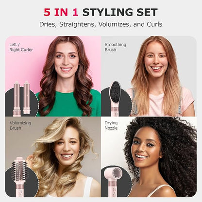 5 in 1 High-Speed Hot Air Styler - Professional Frizz-Free Hair Dryer Brush, Fast Drying Hair Dryer, No Heat Damage Air Styler Wrap - Curl, Volumize, Straighten with Travel Bag