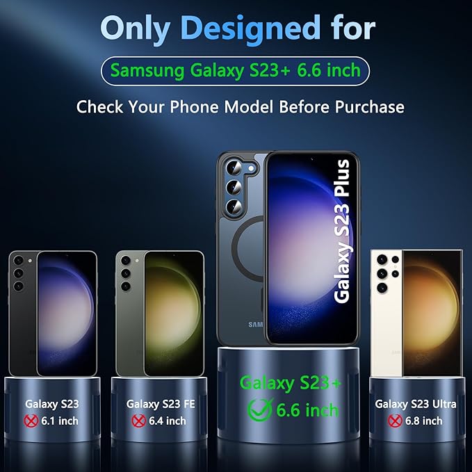 OWKEY for Samsung Galaxy S23 Plus Case 6.6'', Magnetic S23 Plus Case Compatible with Magsafe, [Military Grade Shockproof] Translucent Back Slim Bumper Cover Phone Case, Black