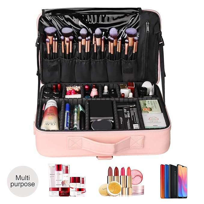 MONSTINA Cosmetic Bags 3 Layer Cosmetic Organizer Makeup Case Beauty Artist Storage Brush Box with Shoulder Strap (Large, PU Leather pink)