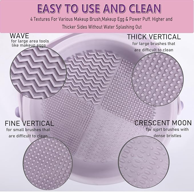 3 in 1 Brush Cleaning Mat with Brush Drying Holder, Silicone Makeup Brush Cleaner Mat Make Up Brush Cleaning Bowl Cosmetic Brush Washing Tool for Makeup Brush, Sponge, Powder Puff (Purple)