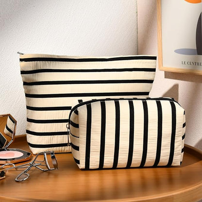 2 Pieces Makeup Bag Large Stripe Cosmetic Bag Capacity Canvas Mix Travel Toiletry Bag Organizer Cute Makeup Brushes Aesthetic Accessories Storage Bag for Women, Stripe Mix White
