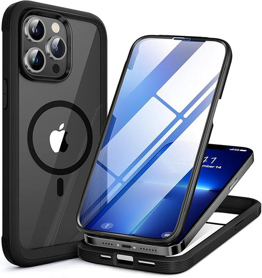 Miracase Magnetic Glass for iPhone 13 Pro Case,Compatible with MagSafe,Full-Body Bumper Phone case with Shockproof Military-Grade,Built-in 9H Tempered Glass Screen Protector for iPhone 13 Pro,Black
