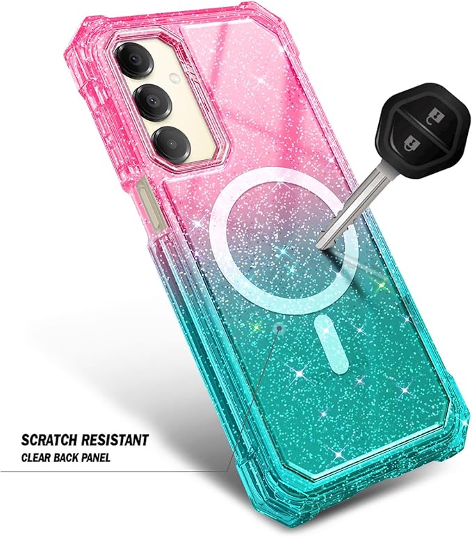 Designed for Samsung Galaxy A16 5G/4G Phone Case, Magnetic Compatible with MagSafe, [Raised Corners Drop Protection] Shockproof Protective Bumper Cover (Glitter Pink/Aqua)