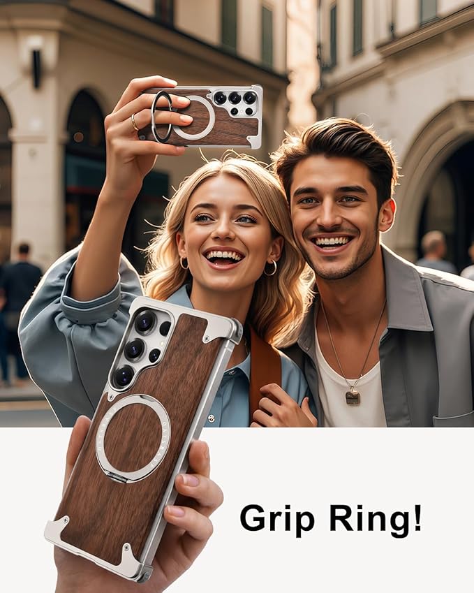OATSBASF Magnetic Wood Case Compatible with Samsung Galaxy S25 Ultra, [Natural Wood & Aluminum] Shockproof Protective Cover Unique Wooden Case with 360° Ring Stand, Natural Titanium